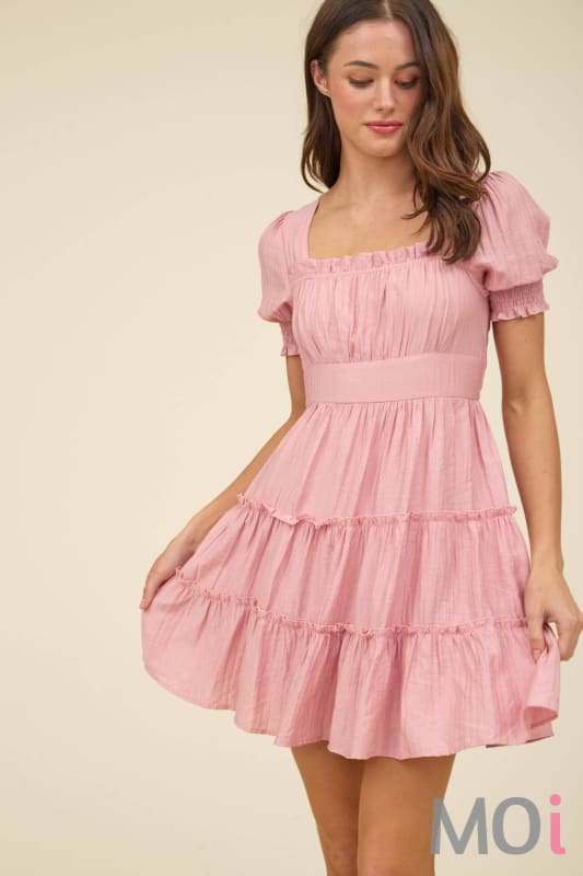 Square Neck Smocked Detail Tiered Mini Dress