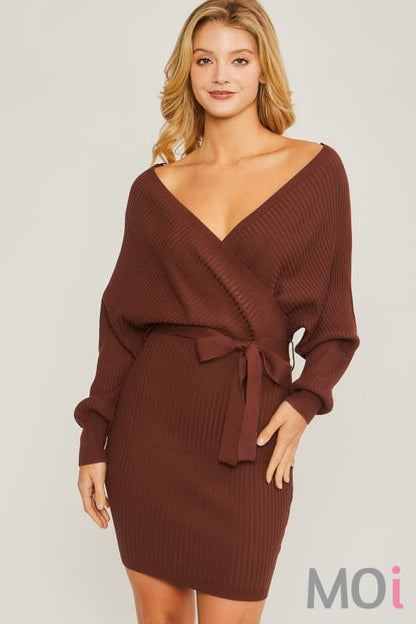 Off Shoulder Belted Sweater Dress Brown