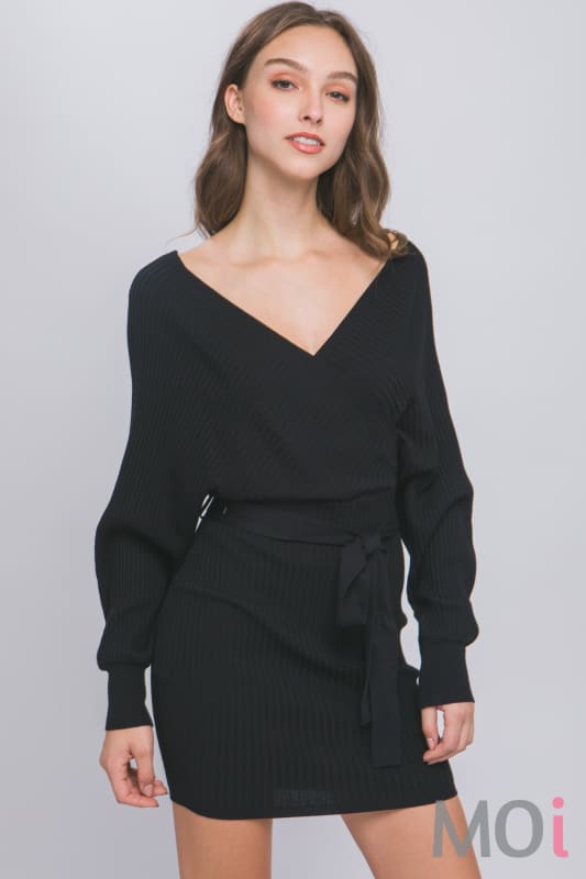 Off Shoulder Belted Sweater Dress Black