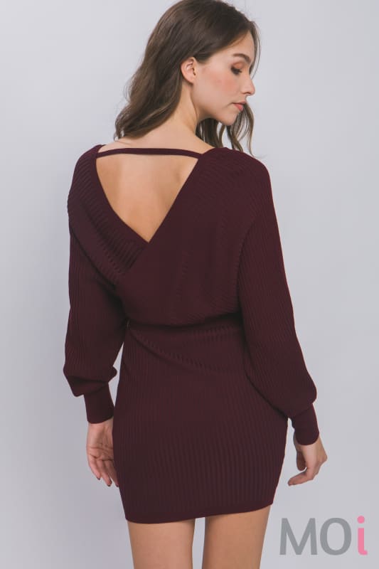 Off Shoulder Belted Sweater Dress Wine