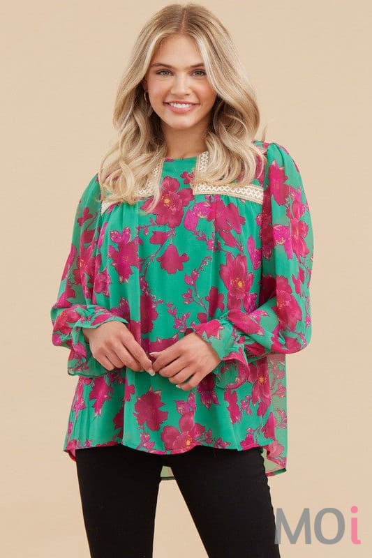 Floral Embroidery Yoke Top Green