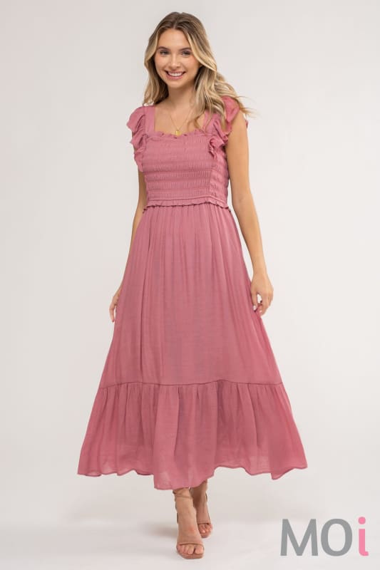 Smocked Ruffle Sleeve Midi Dress Pink