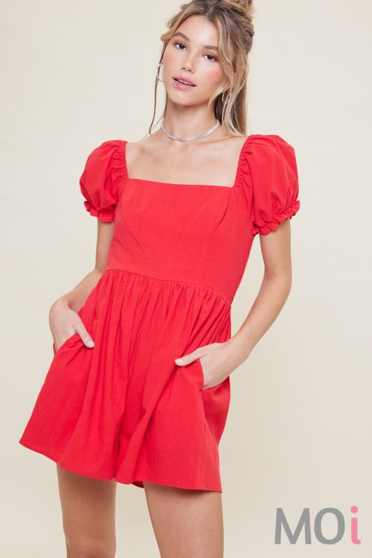 Puff Sleeve Baby Doll Romper Red