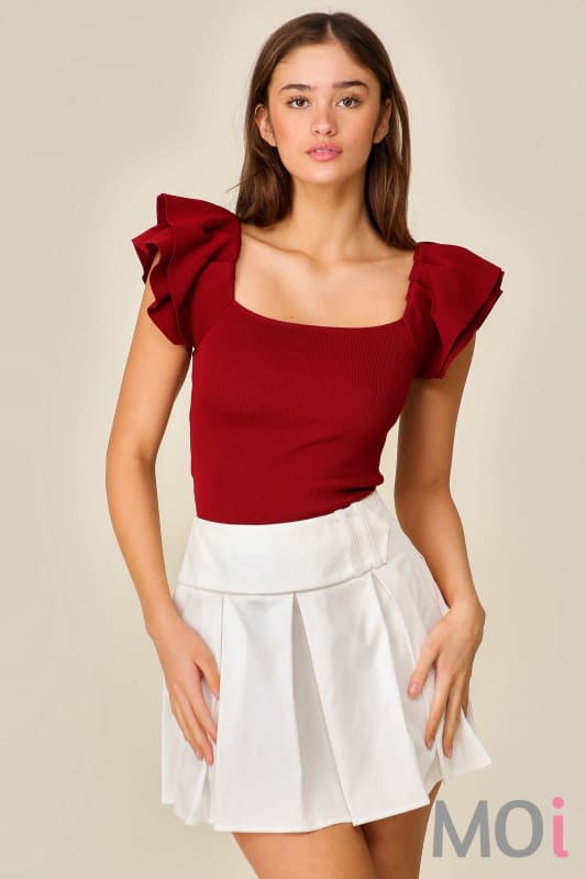 Ruffled Tiered Cap Sleeve Ribbed Knit Sweater Top