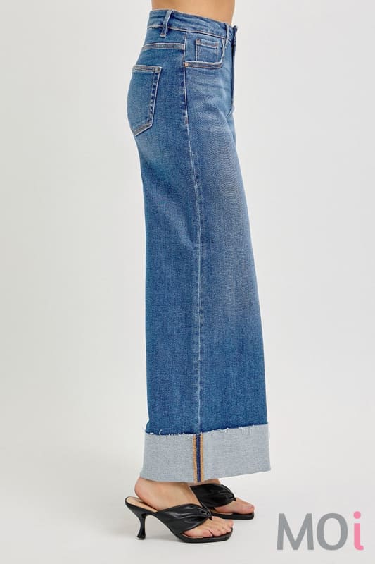 Tummy Control High Rise Crop Wide Cuffed Jeans