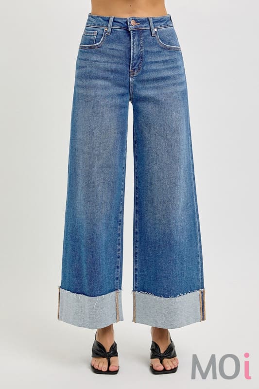 Tummy Control High Rise Crop Wide Cuffed Jeans