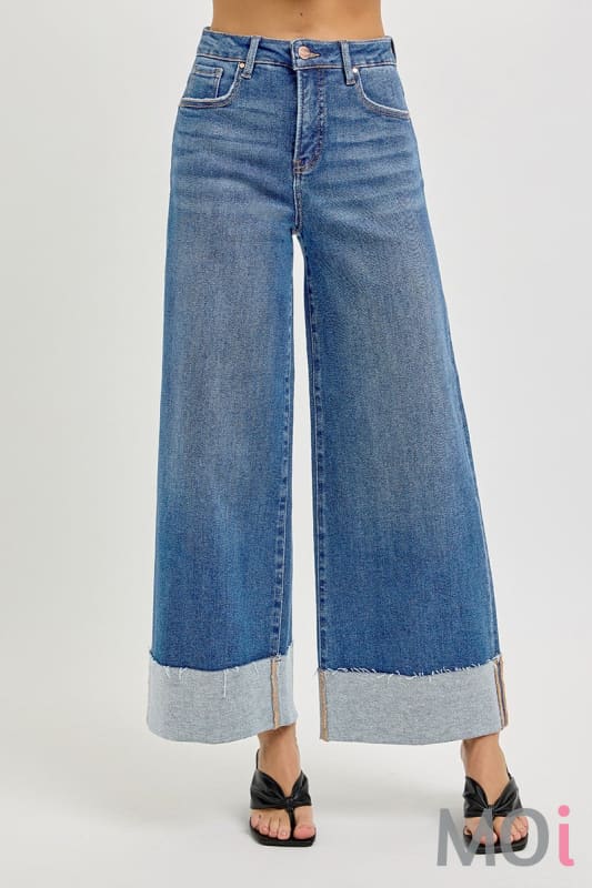 Tummy Control High Rise Crop Wide Cuffed Jeans