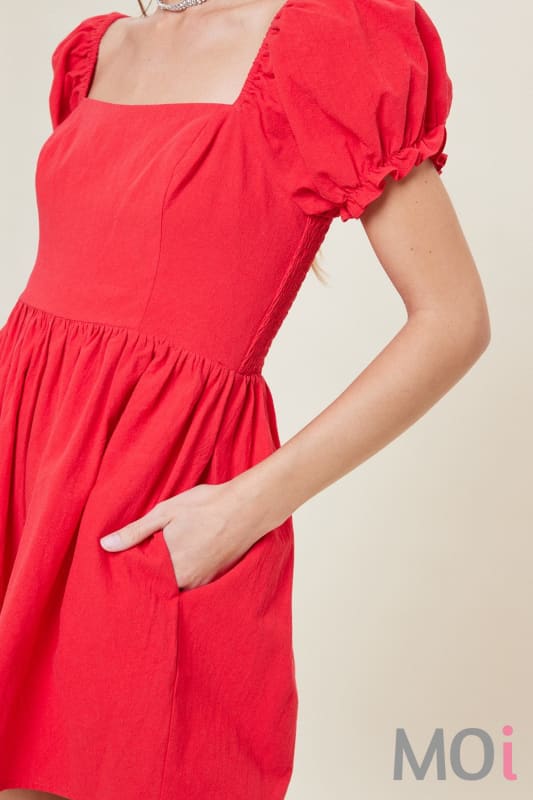 Puff Sleeve Baby Doll Romper Red