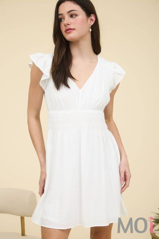 Shirred Waist Ruffle Sleeve Mini Dress
