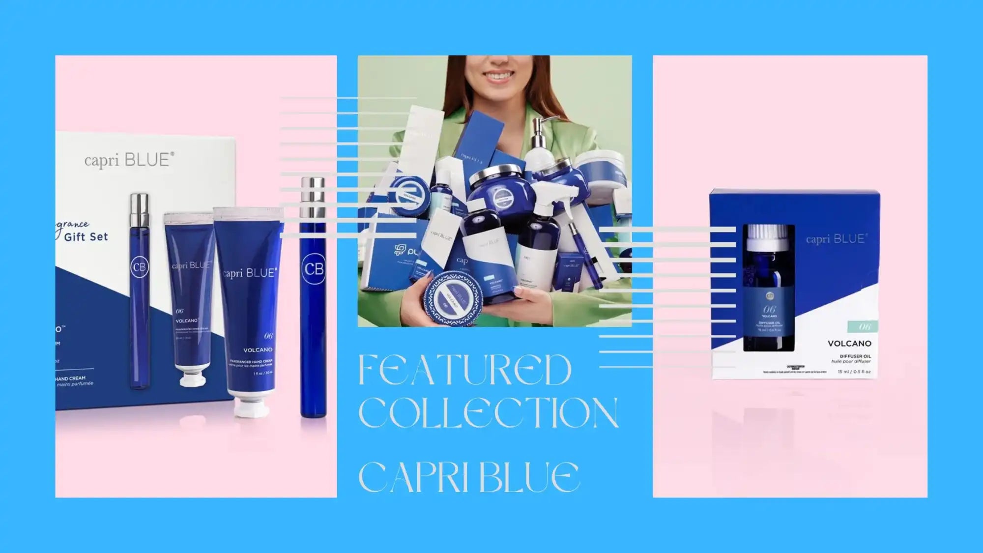 A collection of blue-packaged beauty and home fragrance products.