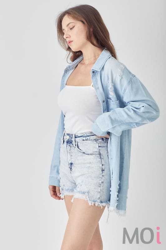 RISEN Raw Hem Distressed High Rise Denim Shorts