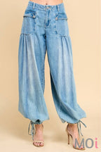 Ankle Drawstring Wide Denim Pants