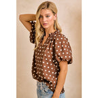 POLKA DOT PRINTED WOVEN RUFFLED V NECK TOP
