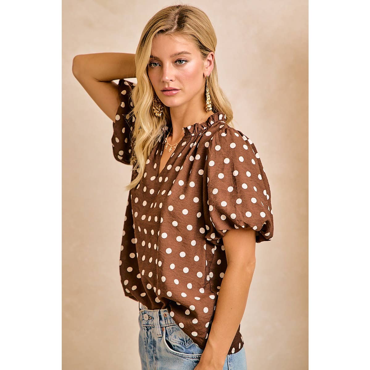 POLKA DOT PRINTED WOVEN RUFFLED V NECK TOP