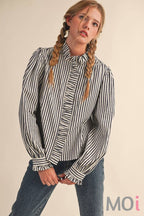 Striped Ruffle Button Down in Black