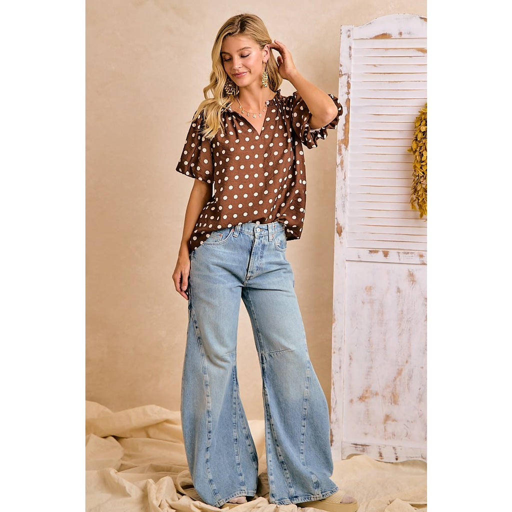 POLKA DOT PRINTED WOVEN RUFFLED V NECK TOP