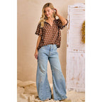 POLKA DOT PRINTED WOVEN RUFFLED V NECK TOP