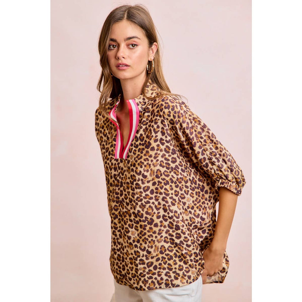 Leopard Print Contrast Banded Blouse