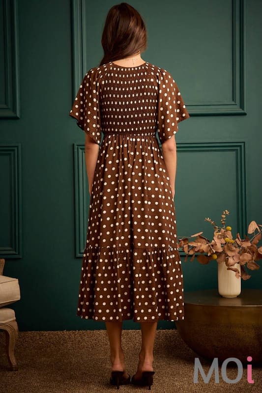 Polka Dot Smocked Bodice Midi Dress