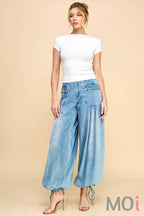 Ankle Drawstring Wide Denim Pants