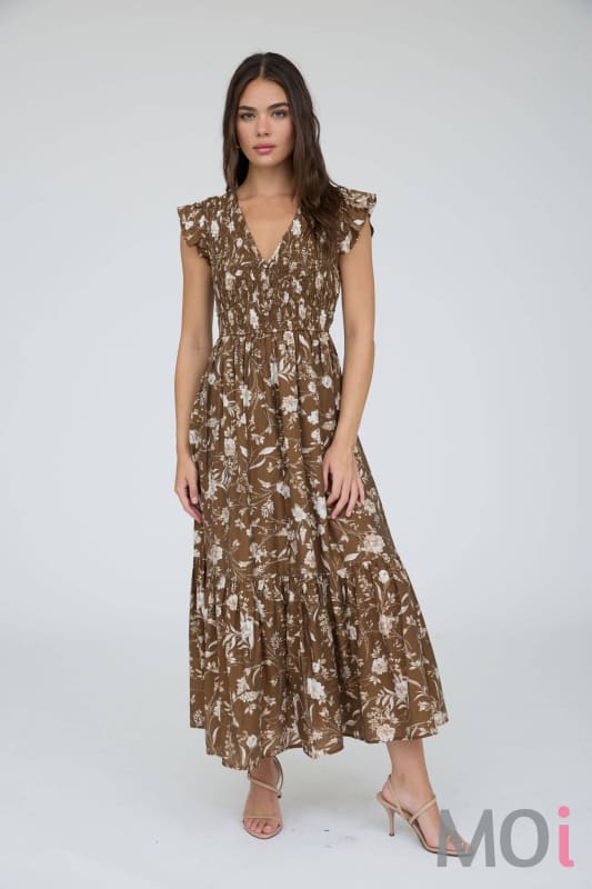 Floral Smocked V-Neck Button Down Midi Dress