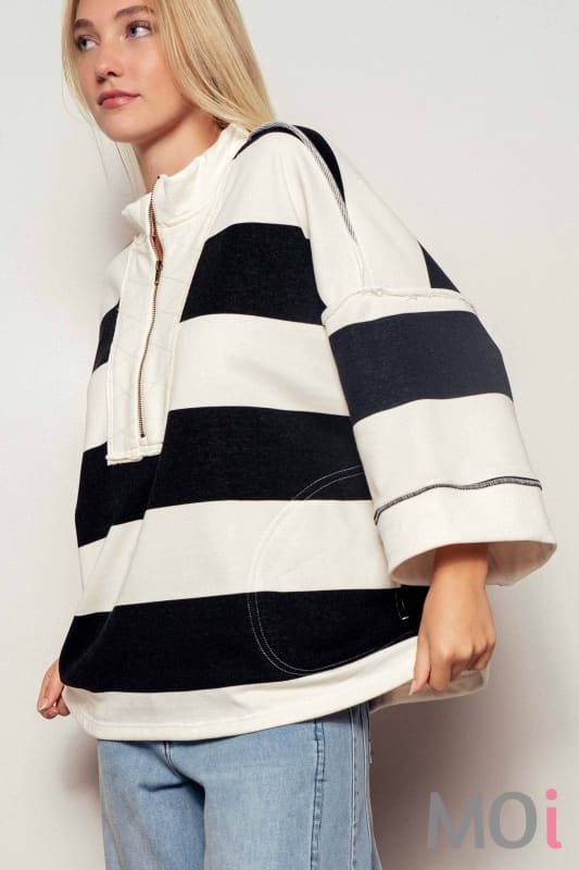 Oversized Half Zip Bold Stripe Statement Pullover Sweatshirt