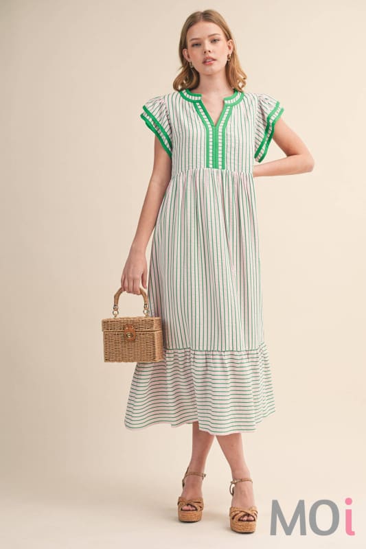 Striped Contrast Binding Midi Dress