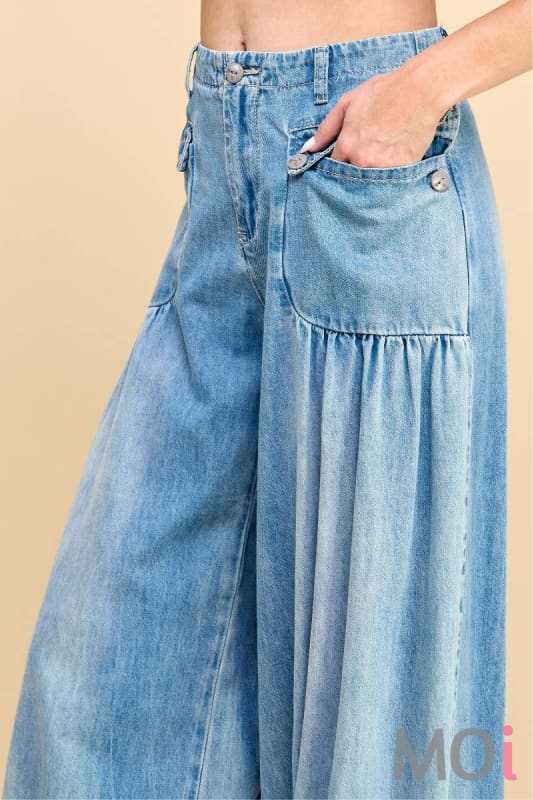 Ankle Drawstring Wide Denim Pants