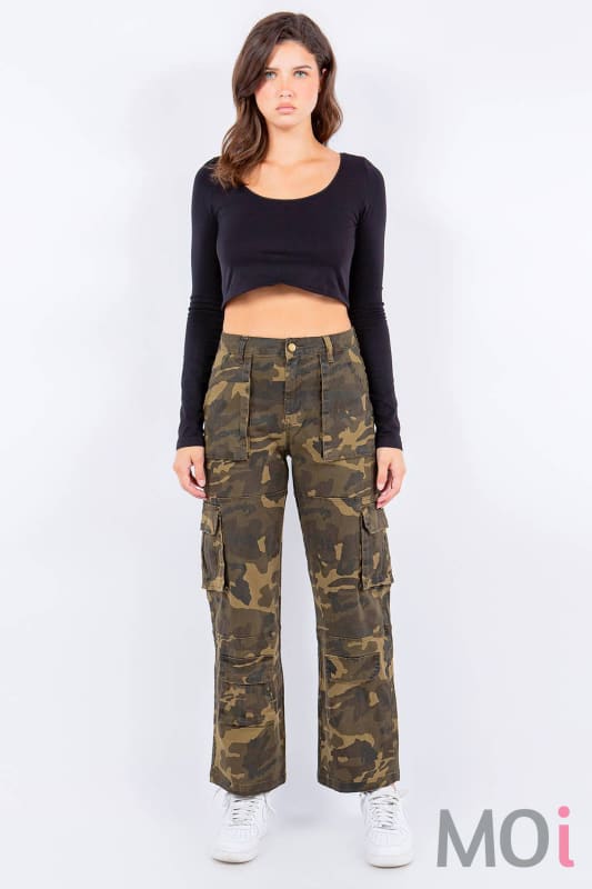 HIGH WAIST CARGO PANTS WITH POCKETS