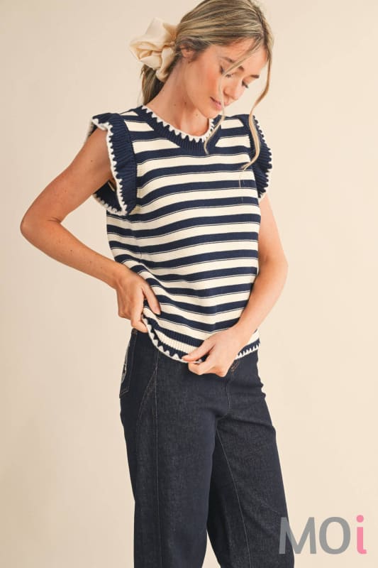 Striped Flutter Sleeve Sweater Top