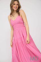 V NECK SHIRRED WAIST SLEEVELESS MIDI DRESS