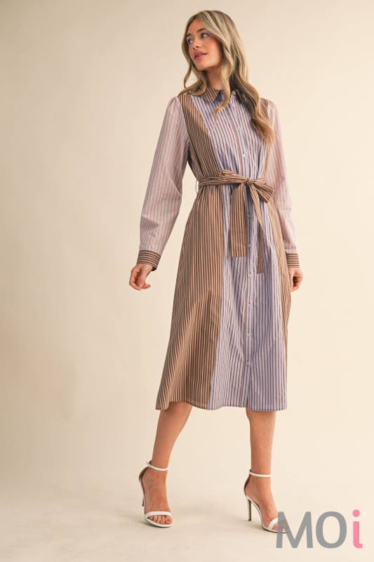 Mixed Stripe Belted Midi Dress