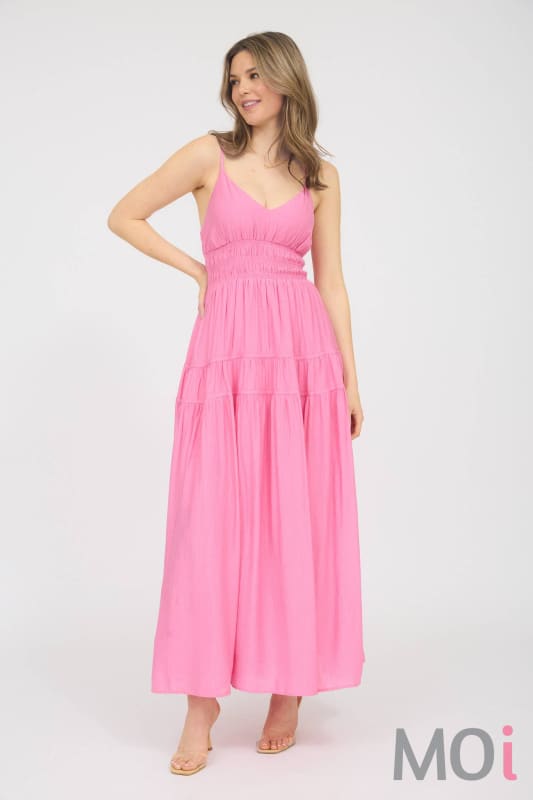 V NECK SHIRRED WAIST SLEEVELESS MIDI DRESS