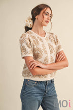 Floral Puff Sleeve Sweater Cardigan