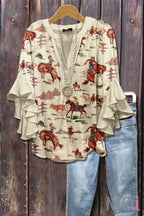 Wild Western Cowboy & Floral Print Ruffle Sleeve Top