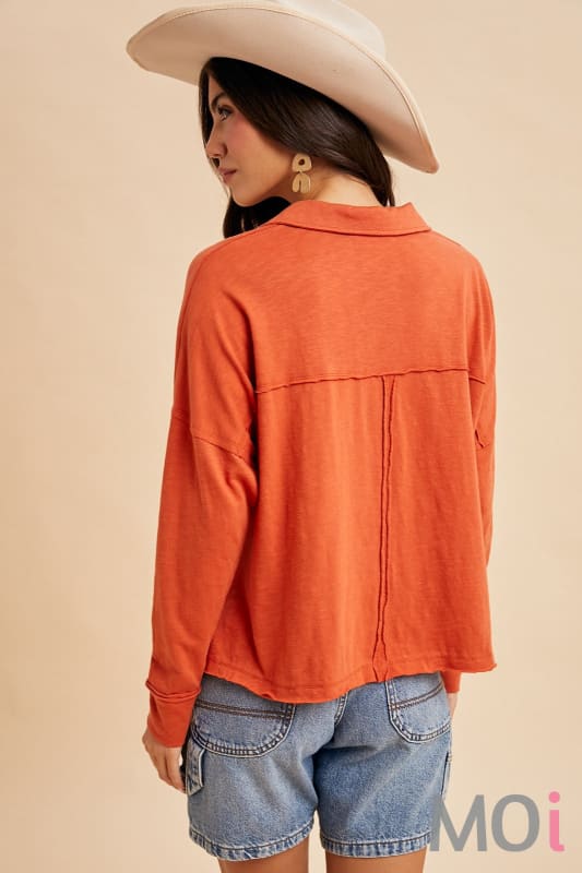 Garment Washed Long Sleeve Polo Top