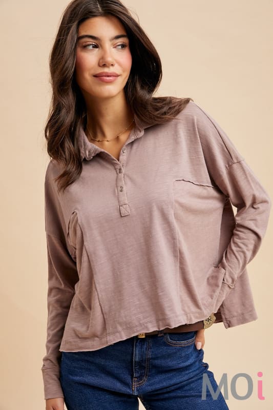 Garment Washed Long Sleeve Polo Top