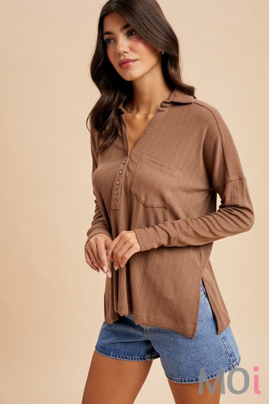 Ribbed Long Sleeve Henley Top
