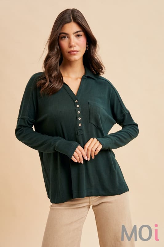 Ribbed Long Sleeve Henley Top