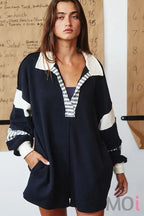 French Terry Color-block Collared Loose Fit Romper