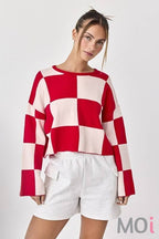 Sarah Round Neck Checkered LS Top