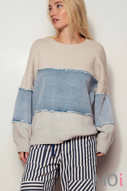 Colorblock Distressed Denim Patchwork Knit Sweater