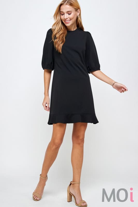 Solid Puff Sleeve Dress Black