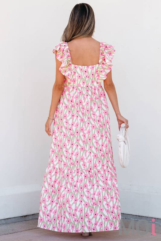 Floral Print Square Neck Ruffled Strap Maxi Dress