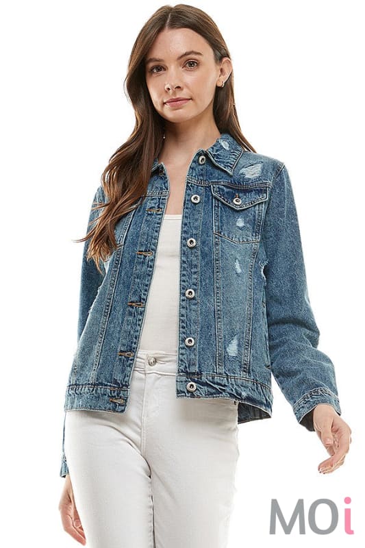 Denim Jacket With Distressing Medium Blue