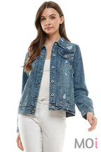 Denim Jacket With Distressing Medium Blue