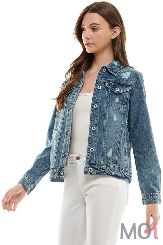 Denim Jacket With Distressing Medium Blue