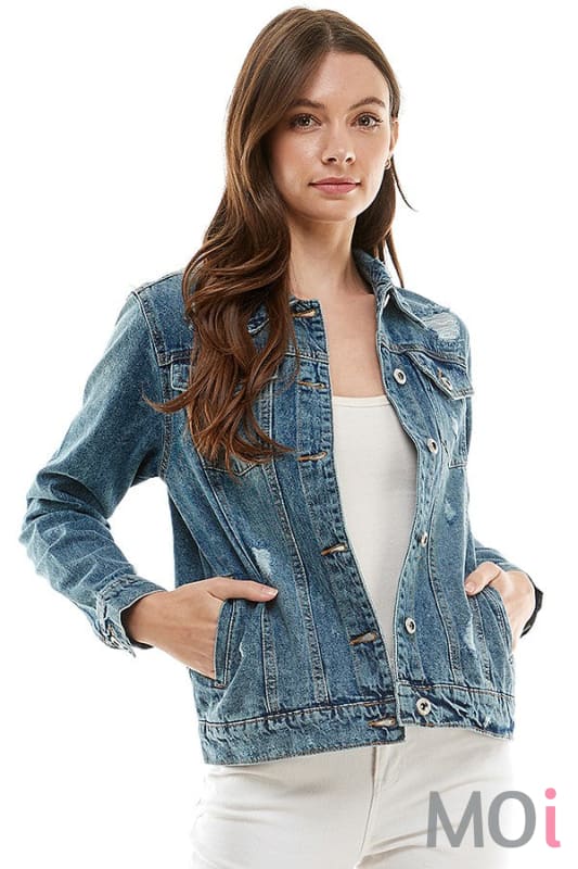 Denim Jacket With Distressing Medium Blue