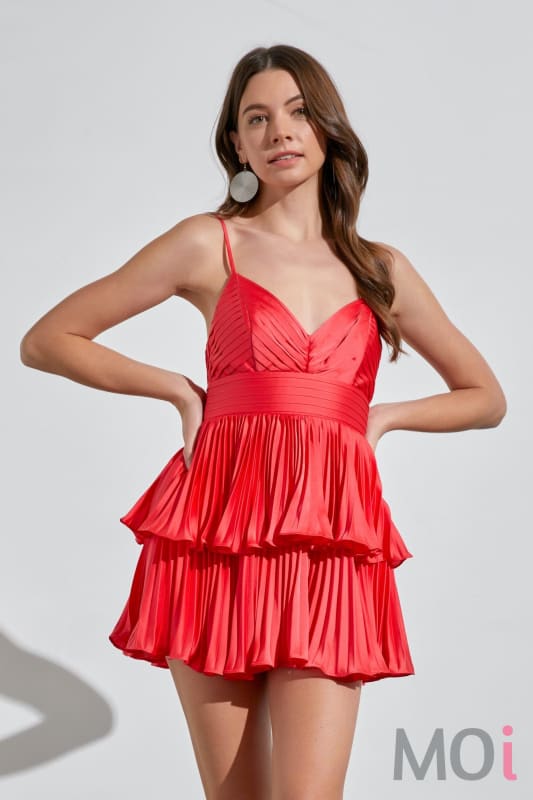 Pleat Detail Ruffled Romper Dress Pop Red