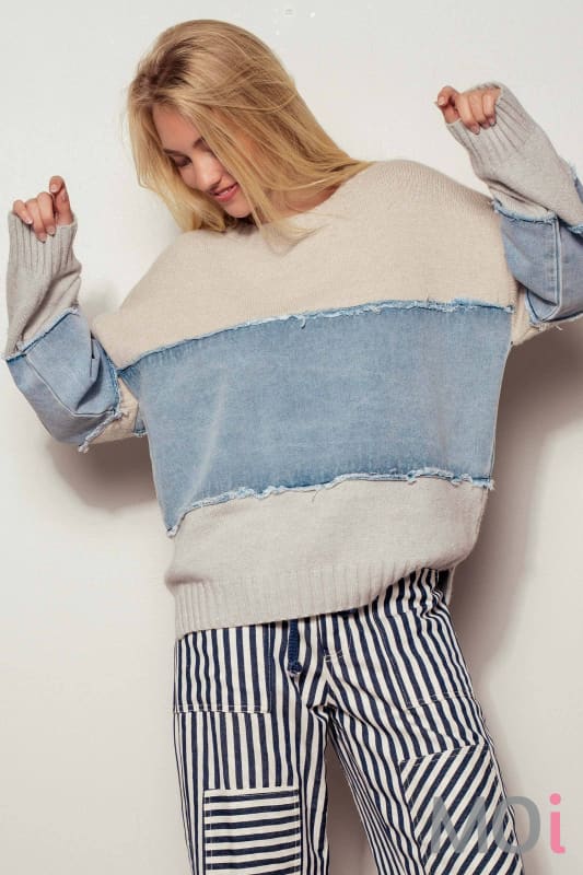 Colorblock Distressed Denim Patchwork Knit Sweater